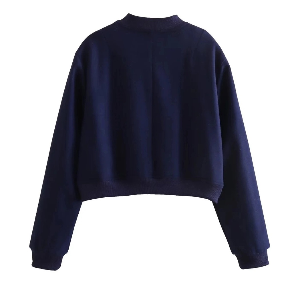 79. influencer blue Bomber Jacket Cropped Fitted Coat button down with pockets - Picture 7 of 8